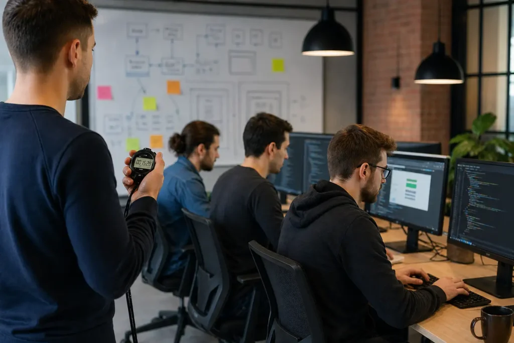 Team of software developers at a shared office; a man in the foreground holds a stopwatch while colleagues code at dual-monitor desks, with a diagram-filled whiteboard behind them.