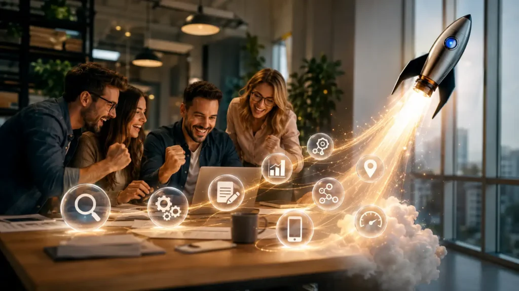 Group of coworkers celebrates around a laptop as a futuristic rocket launches outside, with glowing icons signaling ideas and growth.