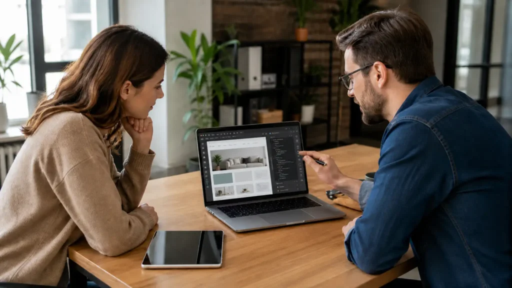 Two coworkers review a website mockup on a laptop at a wooden table in a bright office.